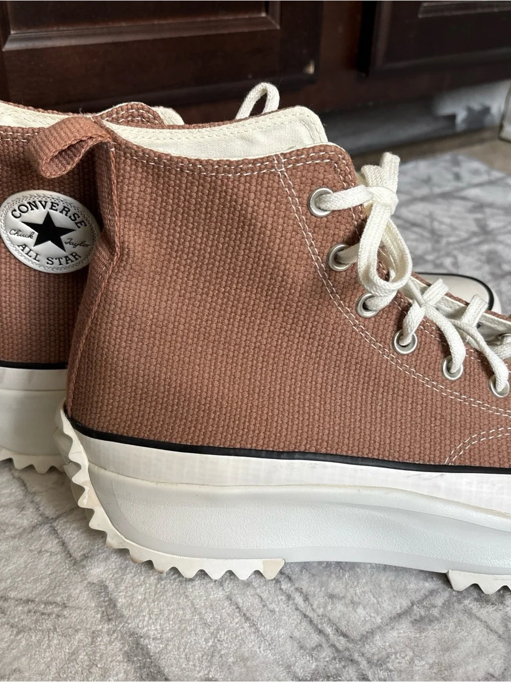 Converse High-Top Sneakers in Brown and White Canvas
